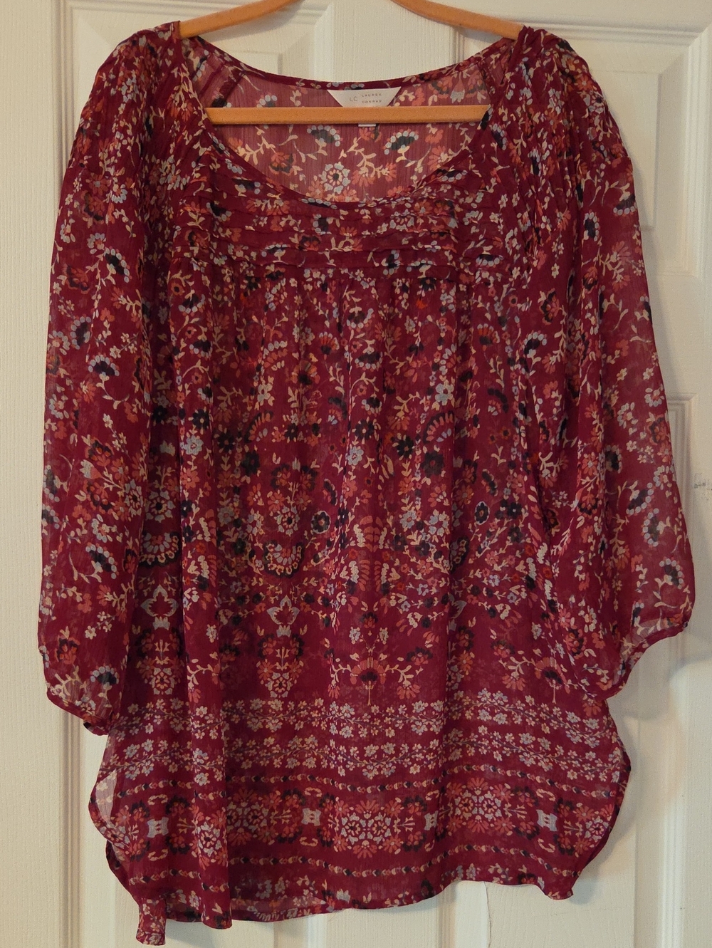 LC Lauren Conrad Burgundy Floral Boho Blouse